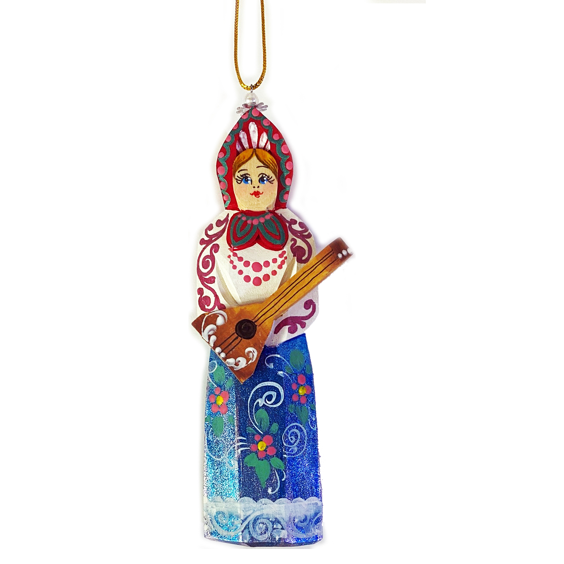 Russian Hand Carved Hand Painted Christmas Ornament "Woman With Balalaika"
