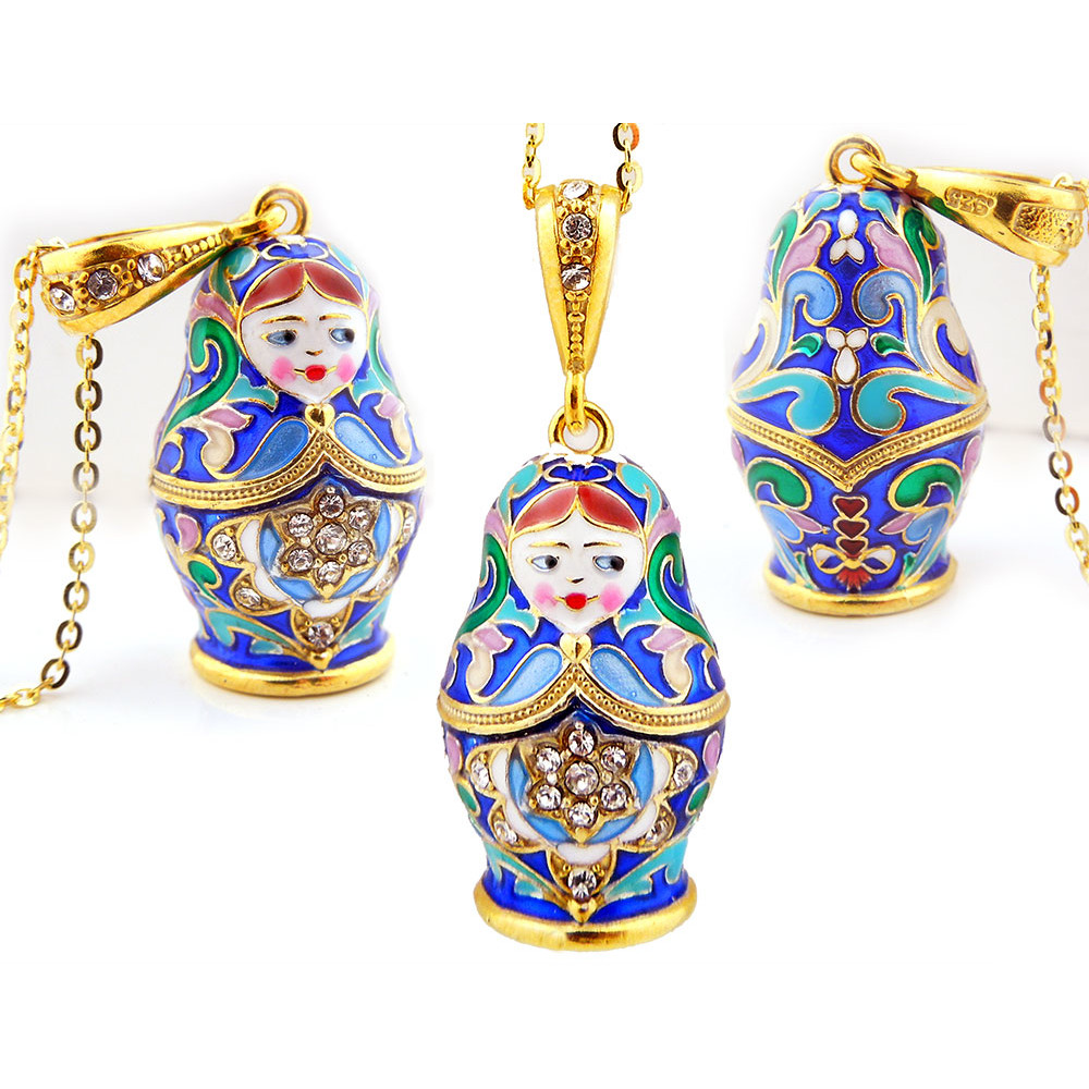 Matryoshka Enamel Russian Doll Pendant Sterling Silver 925 & Enameled 