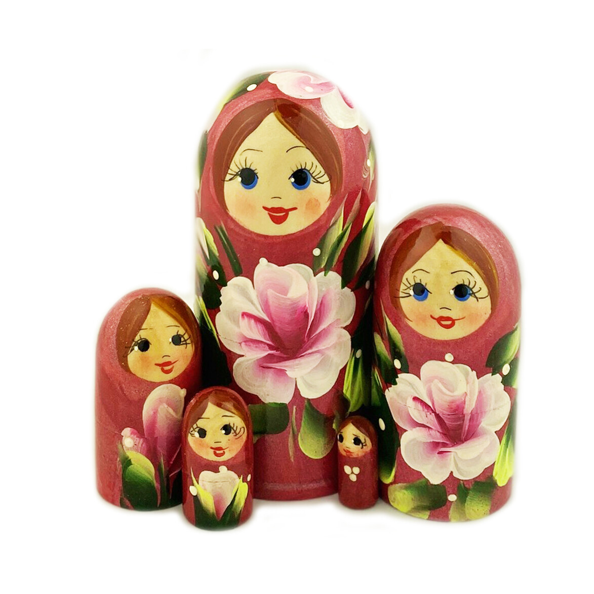 5 Nested Doll Hand Painted 4 1/16 "x2" Russian Floral Nesting Dolls Gold 