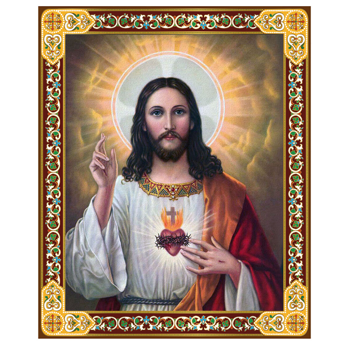 Sacred Heart Of Jesus - Car Room Wall - Wooden Icon Shrine Pendant Ornament on Rope - Icon Covered With Special Glass - Crystals and Incense