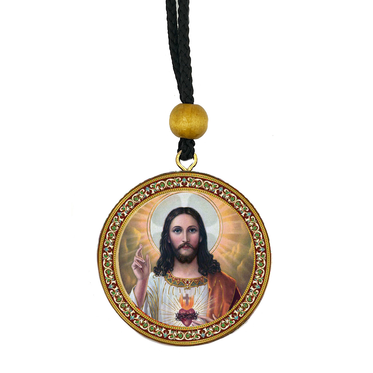 Virgin of Kazan and Christ - Gold Foil Icons - Reversible Car Room Icon Ornament Pendant 2 Sided - 2 Inch Diam on Rope For Hanging
