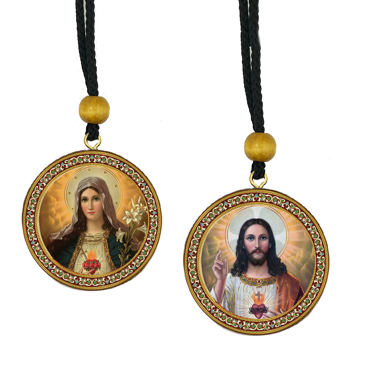 Virgin of Kazan and Christ - Gold Foil Icons - Reversible Car Room Icon Ornament Pendant 2 Sided - 2 Inch Diam on Rope For Hanging