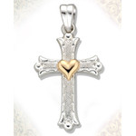 S662FLBRHT  Two Tone Sterling Silver Cross With Heart 14kt Gold Accent 1 3/"x1/2"