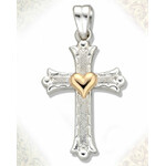 S662FLBRHT  Two Tone Sterling Silver Cross With Heart 14kt Gold Accent 1 3/"x1/2"