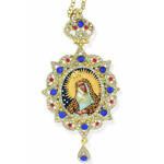 M-3-30 Our Lady of Ostrobrama in Panagia Style Framed Icon Pendant Ornament With Crown & Chain/ Christmas Ornament