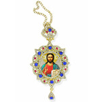 M-3-8 Christ The Teacher Panagia Style Framed Icon Pendant Ornament With Crown & Chain/ Christmas Ornament