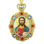 M-8-15 Christ The Teacher Jeweled Faberge Style Icon Pendant With Chain to Hang Gift Boxed
