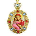 M-8-17 Virgin Mary of Vladimir Christ Jeweled Faberge Style Icon Pendant With Chain to Hang Gift Boxed