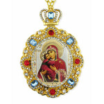 M-8-1 Virgin Mary of Vladimir Jeweled Faberge Style Icon Pendant With Chain to Hang Gift Boxed