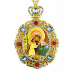 M-8-34 Virgin Mary & Child & Christ Jeweled Faberge Style Icon Pendant With Chain to Hang Gift Boxed