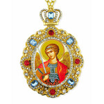 M-8-44 Saint Michael Jeweled Faberge Style Icon Pendant With Chain to Hang Gift Boxed