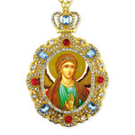 M-8-48 Saint Michael Jeweled Faberge Style Icon Pendant With Chain to Hang Gift Boxed
