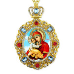 M-8-4 Virgin Mary & Child & Christ Jeweled Faberge Style Icon Pendant With Chain to Hang Gift Boxed