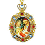 M-8-55 Nativity of Christ Jeweled Faberge Style Icon Pendant With Chain to Hang Gift Boxed