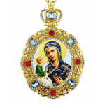 M-8-63 Virgin Mary of Jerusalem Jeweled Faberge Style Icon Pendant With Chain to Hang Gift Boxed