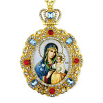 M-8-9 Virgin Mary of Eternal Bloom Jeweled Faberge Style Icon Pendant With Chain to Hang Gift Boxed