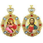 M-8-17-15Matching Set Virgin Mary of Vladimir & Christ Jeweled Faberge Style Icon Pendant With Chain to Hang Gift Boxed