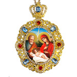 M-8-N Nativity of Christ Jeweled Faberge Style Icon Pendant With Chain to Hang Gift Boxed