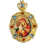 M-8-5 Virgin Mary & Child Jeweled Faberge Style Icon Pendant With Chain to Hang Gift Boxed
