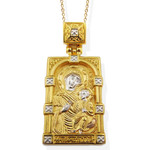 EC-128 Sterling SIlver 925 22 kt Gold Gilded Madonna & Child Icon Pendant W Silver/Gold Gilded Chain