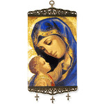 TL-29 Madonna & Child Loving Relationship of Christ and His Blessed Mother Icon Large Size Tapestry Icon Banner W/Crosses 17"x8"