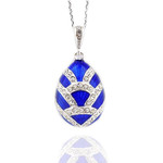 8475-SB Faberge Style Miniature Egg Pendant Sterling Silver 925 Blue 1 1/4"