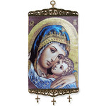 TL31 Sweet Kissing Madonna & Child Loving Relationship of Christ and His Blessed Mother Icon Large Size Tapestry Icon Banner W/Crosses 17"x8"