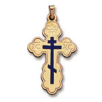 541- ECW 14 KT Gold Three Barred Cross with Blue Enamel 1"x1/2"