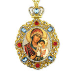 M-8-61 Virgin Mary Eternal Bloom Jeweled Faberge Style Icon Pendant With Chain to Hang Gift Boxed