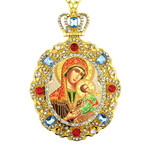M-8-5 Virgin Mary & Child Jeweled Faberge Style Icon Pendant With Chain to Hang Gift Boxed