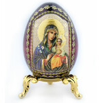 IED-4-3 Virgin of Enternal Bloom and Christ Wood Icon Egg w/Gold Stand