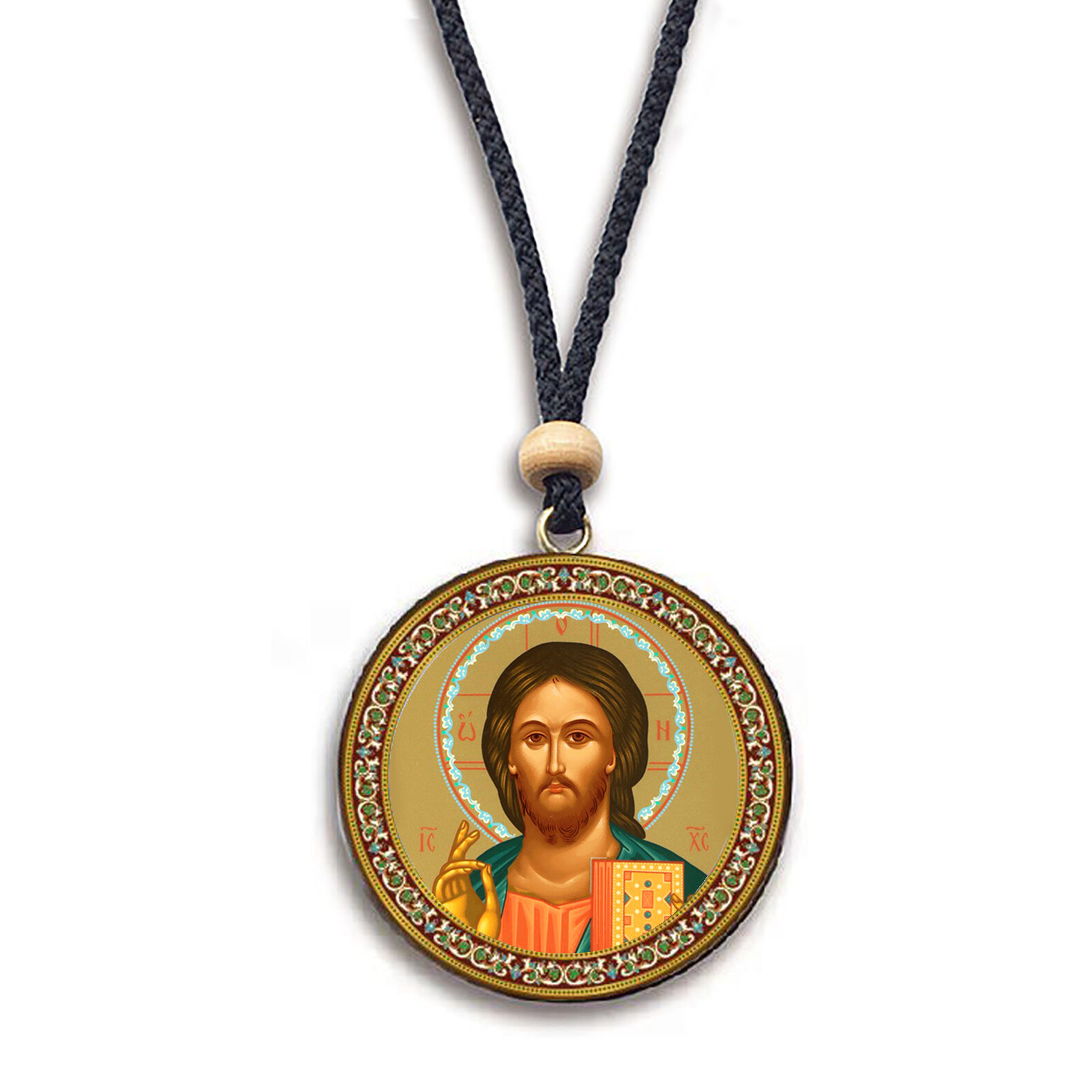 Virgin of Kazan and Christ - Gold Foil Icons - Reversible Car Room Icon Ornament Pendant 2 Sided - 2 Inch Diam on Rope For Hanging