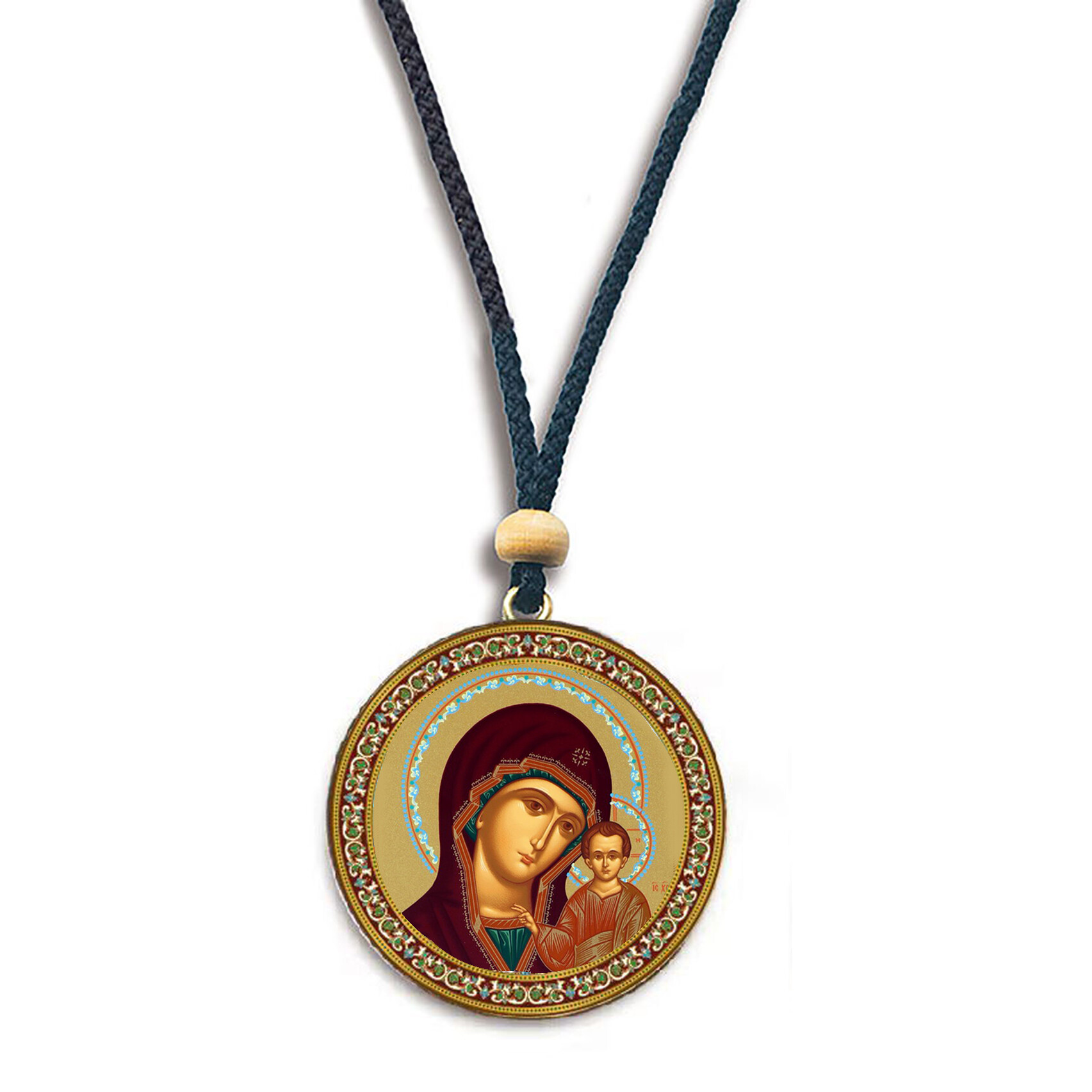 Virgin of Kazan and Christ - Gold Foil Icons - Reversible Car Room Icon Ornament Pendant 2 Sided - 2 Inch Diam on Rope For Hanging