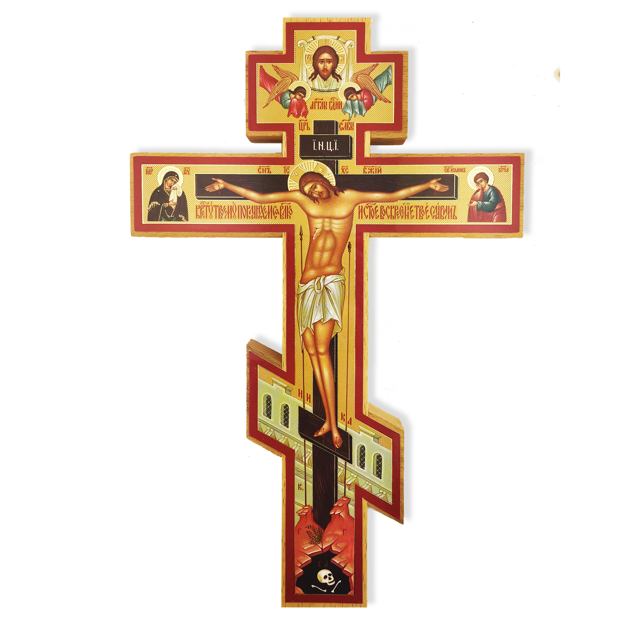 Wooden Cross With Icon On Blue Ripped Banner Sf 515 Three Barred Wooden Icon Cross With The Prayer On