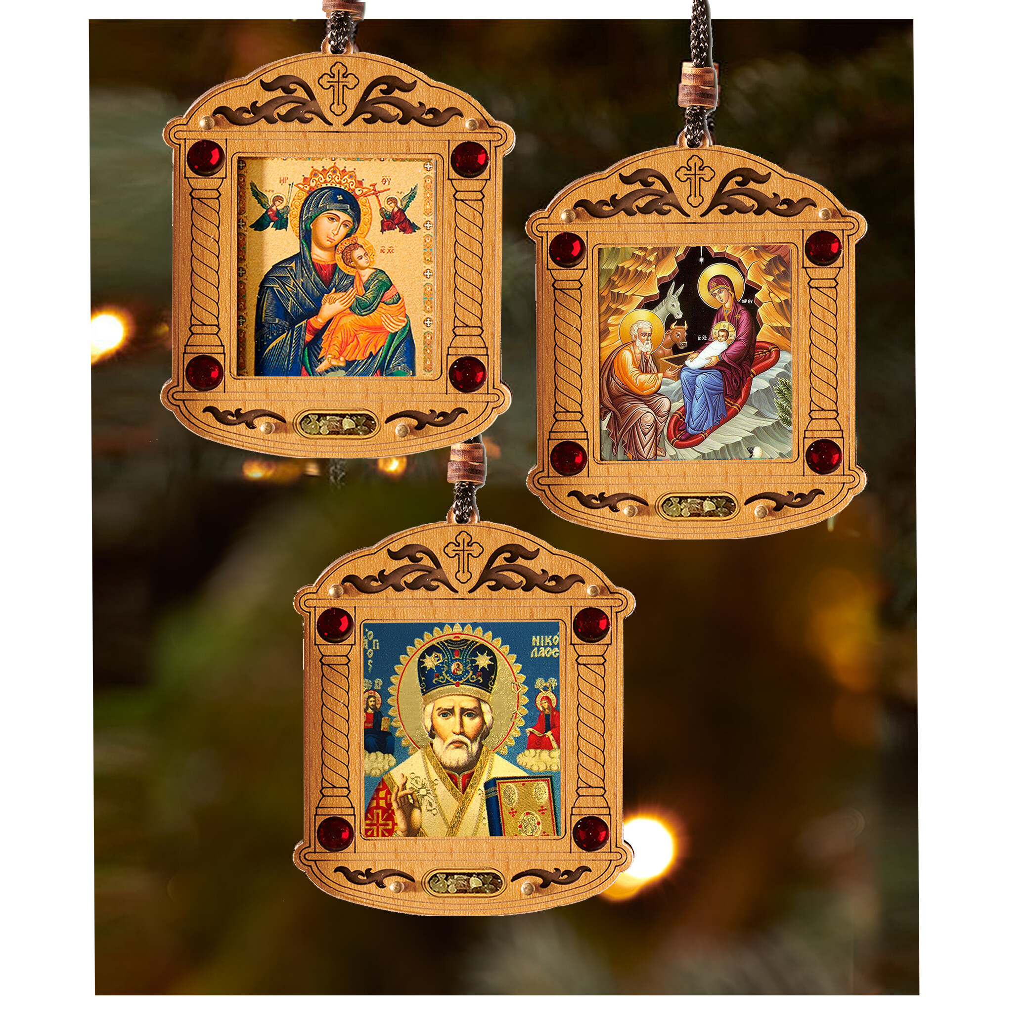U168 Car Room Wooden Silver Tone Metal Icon Pendant On Rope Virgin Of Kazan Icon Covered With Special Glass Crystals And Incense
