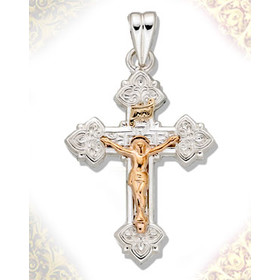 S691CR Two Tone Crucifix Sterling Silver Cross & 14KT Gold Accent 1 5/8"x3/4"