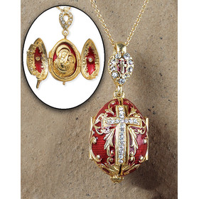 8559-R "Locket Virgin Mary & Child" Sterling Silver 24KT Gold Plated Egg Pendant w/Swarovsky Crystals