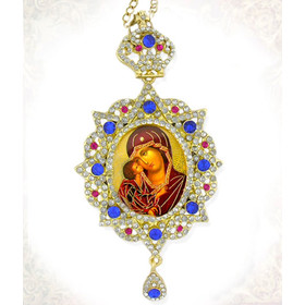 M-3-41 Madonna & Child Virgin of Don in Panagia Style Framed Icon Pendant Ornament With Crown & Chain/ Christmas Ornament