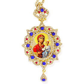 M-3-40 Madonna & Child Virgin of Don in Panagia Style Framed Icon Pendant Ornament With Crown & Chain/ Christmas Ornament