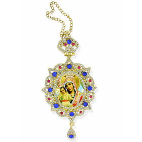 M-3-39 Madonna & Child in Panagia Style Framed Icon Pendant Ornament With Crown & Chain/ Christmas Ornament