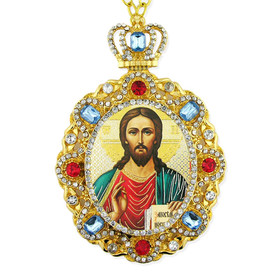M-8-15 Christ The Teacher Jeweled Faberge Style Icon Pendant With Chain to Hang Gift Boxed