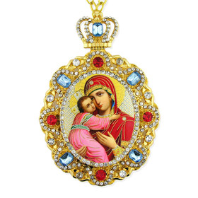 M-8-17 Virgin Mary of Vladimir Christ Jeweled Faberge Style Icon Pendant With Chain to Hang Gift Boxed