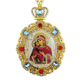 M-8-1 Virgin Mary of Vladimir Jeweled Faberge Style Icon Pendant With Chain to Hang Gift Boxed