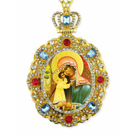 M-8-34 Virgin Mary & Child & Christ Jeweled Faberge Style Icon Pendant With Chain to Hang Gift Boxed