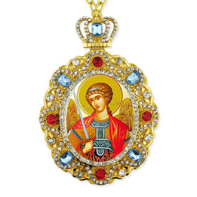 M-8-44 Saint Michael Jeweled Faberge Style Icon Pendant With Chain to Hang Gift Boxed