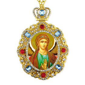 M-8-48 Saint Michael Jeweled Faberge Style Icon Pendant With Chain to Hang Gift Boxed