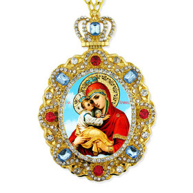 M-8-4 Virgin Mary & Child & Christ Jeweled Faberge Style Icon Pendant With Chain to Hang Gift Boxed