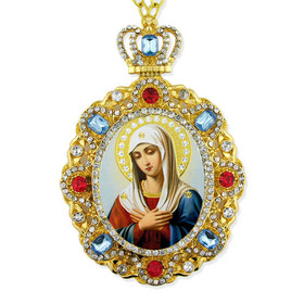 M-8-50 Virgin Mary of Extreme Humility Jeweled Faberge Style Icon Pendant With Chain to Hang Gift Boxed