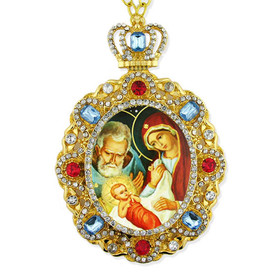 M-8-55 Nativity of Christ Jeweled Faberge Style Icon Pendant With Chain to Hang Gift Boxed