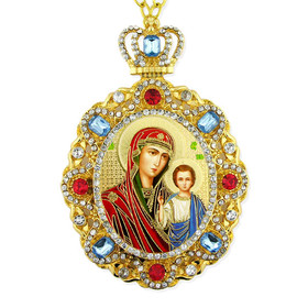 M-8-57 Virgin Mary of Kazan Christ Jeweled Faberge Style Icon Pendant With Chain to Hang Gift Boxed